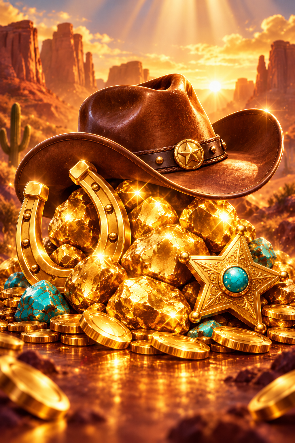 Gold Rush cowboy hat, horseshoe and gold nuggets