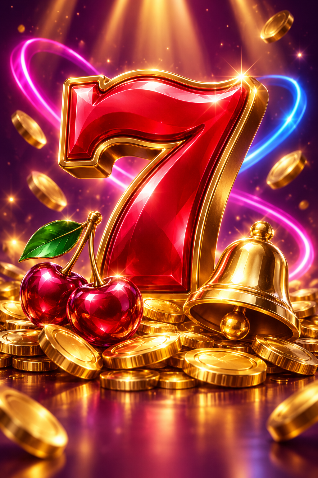 A jewel-like red seven, cherries and gold coins framed by neon light